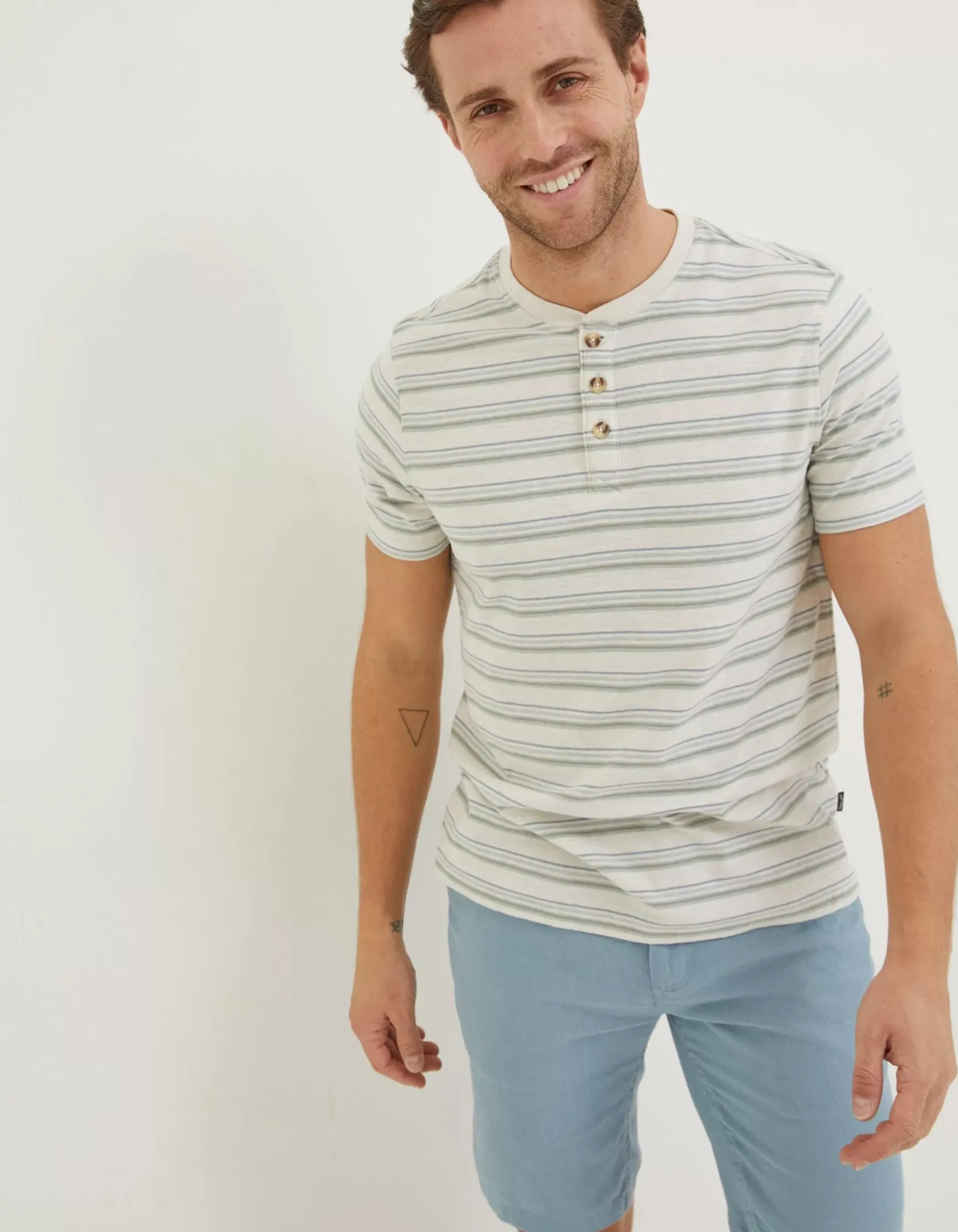 FatFace Fine Stripe Henley T-Shirt|Men T-Shirts