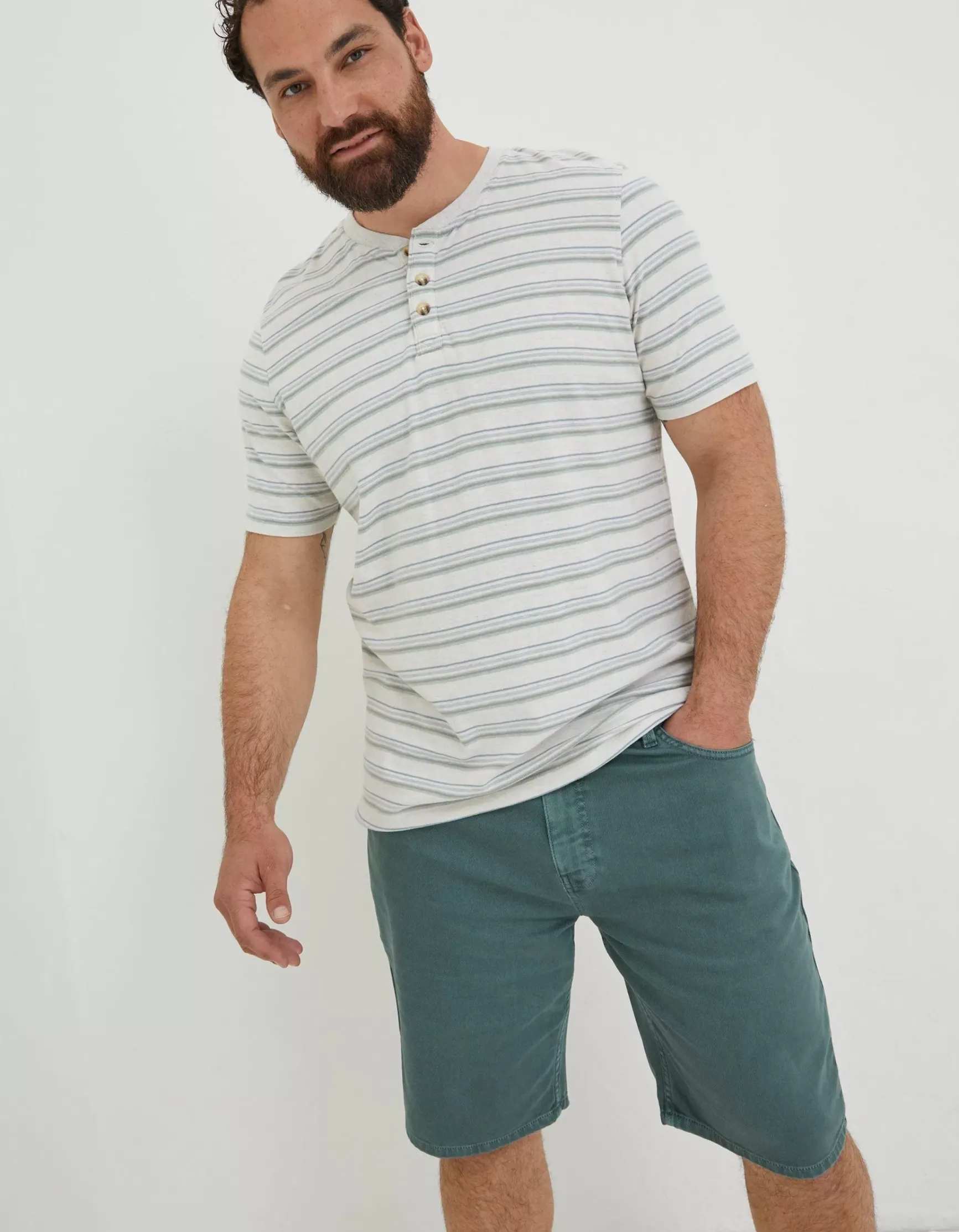FatFace Fine Stripe Henley T-Shirt|Men T-Shirts