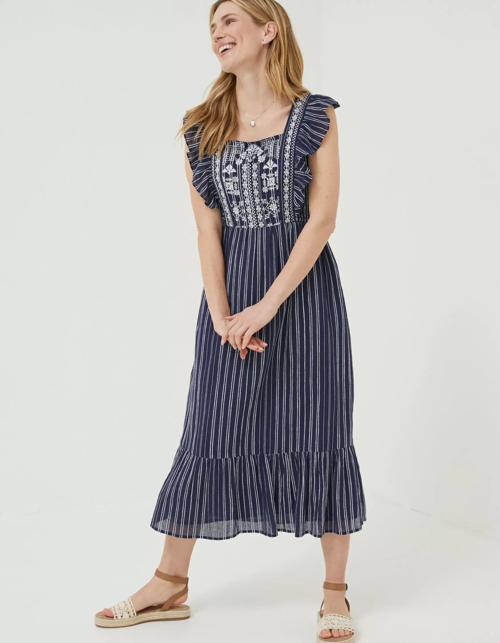 FatFace Izzi Stripe Embroidered Midi Dress|Women Dresses