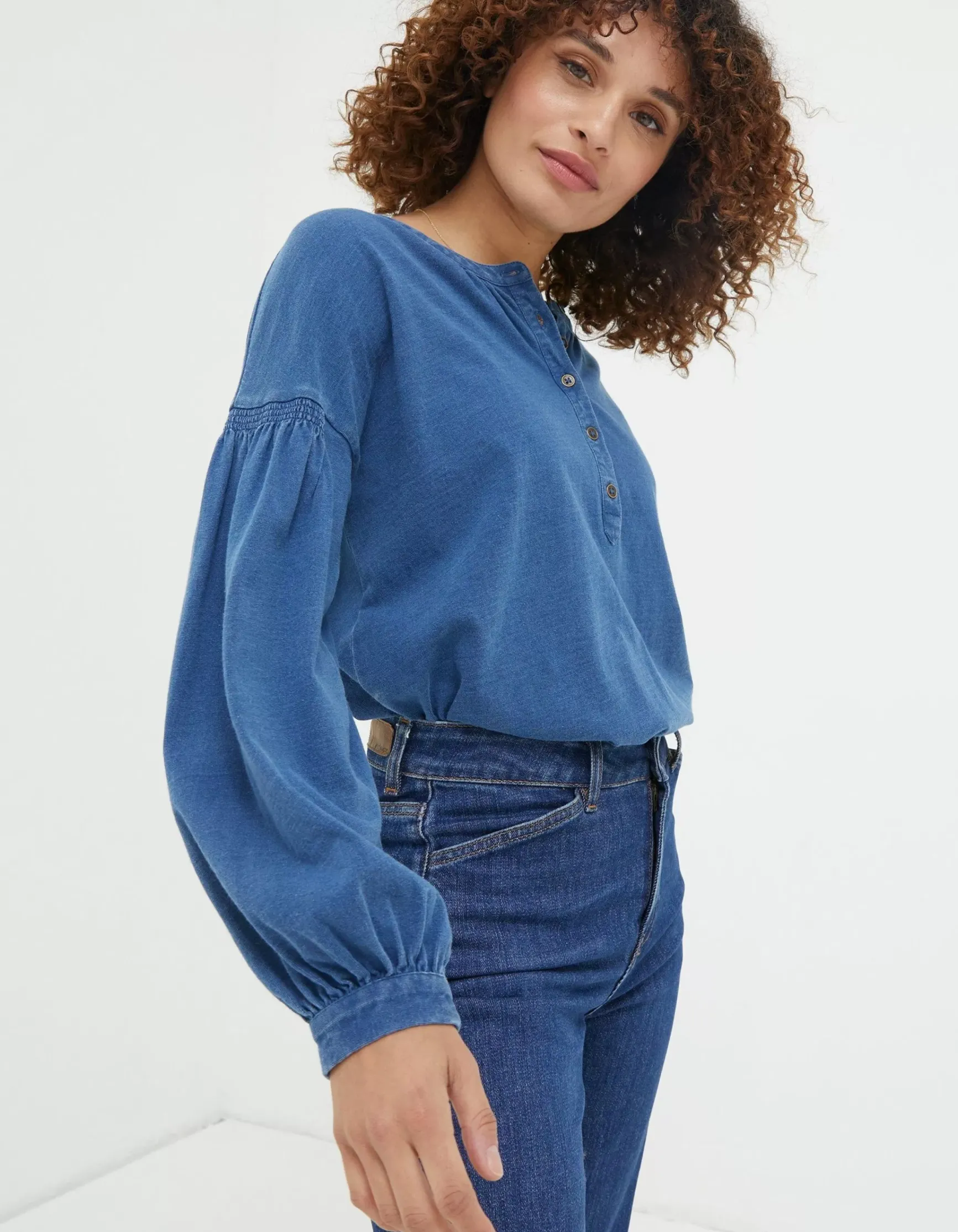 FatFace Keira Indigo Henley Top|Women Tops & T-Shirts
