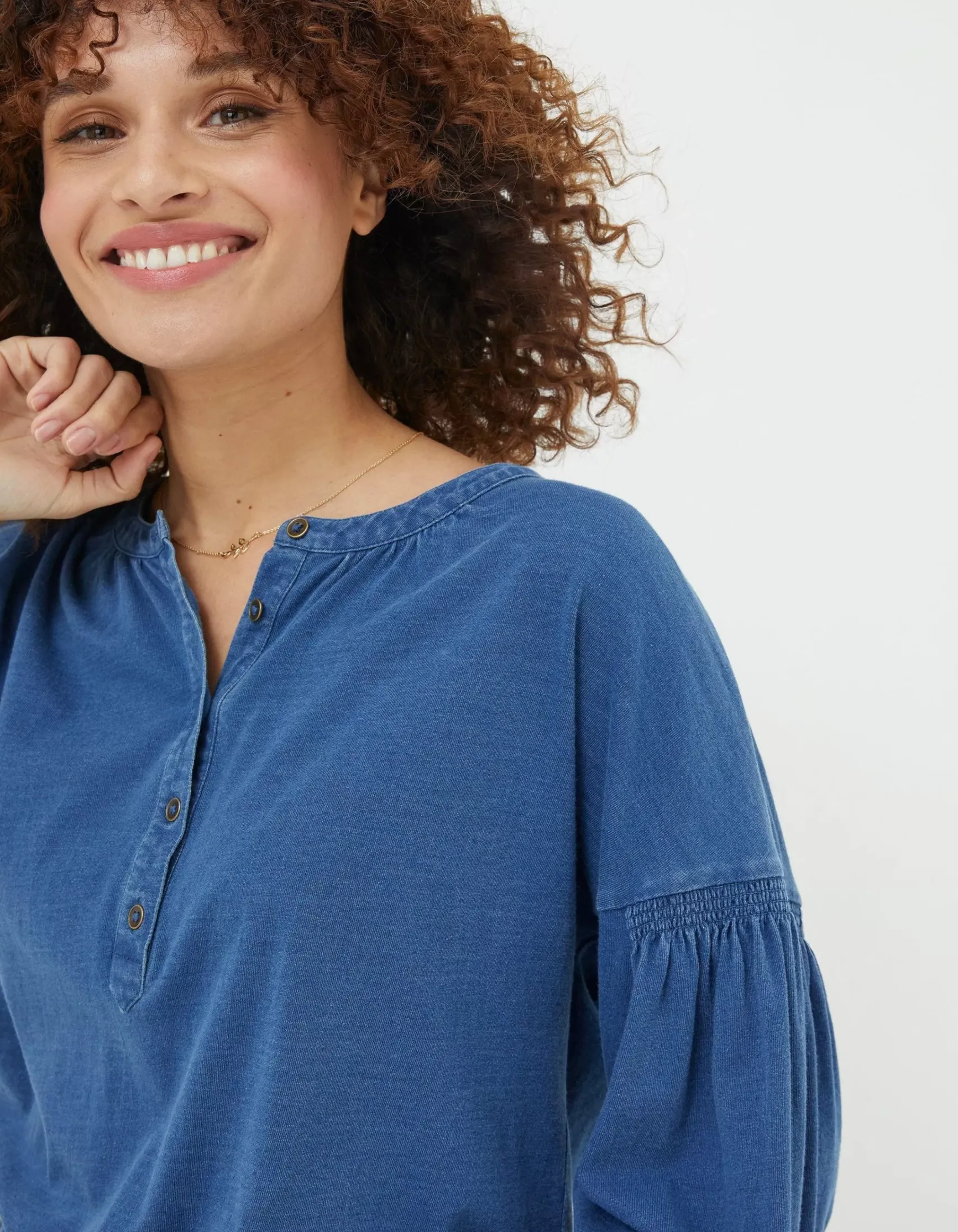 FatFace Keira Indigo Henley Top|Women Tops & T-Shirts