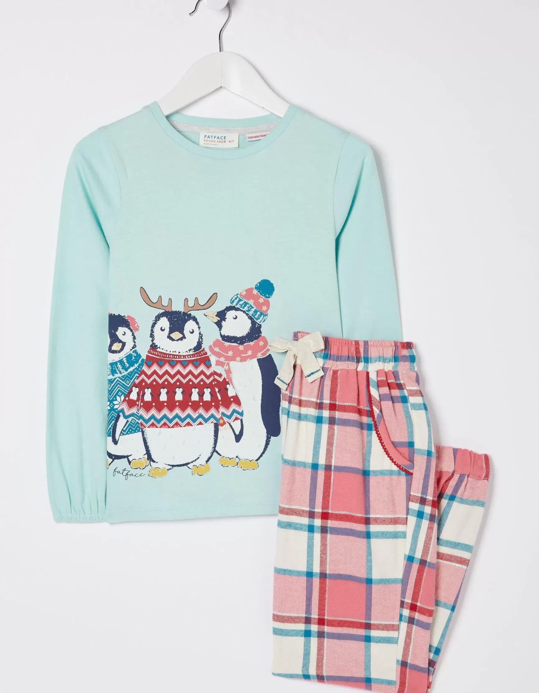 FatFace Pippa Penguin Check Pyjama Set|Girls Nightwear & Loungewear